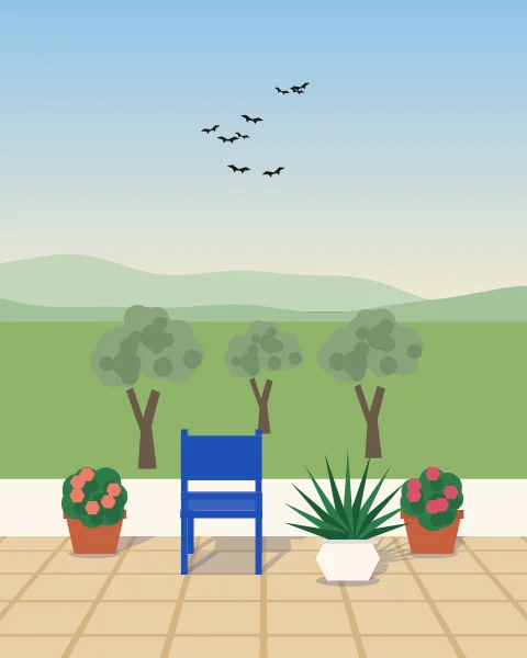 A white terrace over olive groves in the morning, swallows wheeling above a cobalt chair.