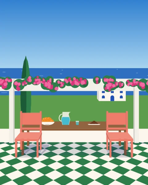 A long table under a white pergola heavy with bougainvillea, the sea behind and a jug of cold water on the table.
