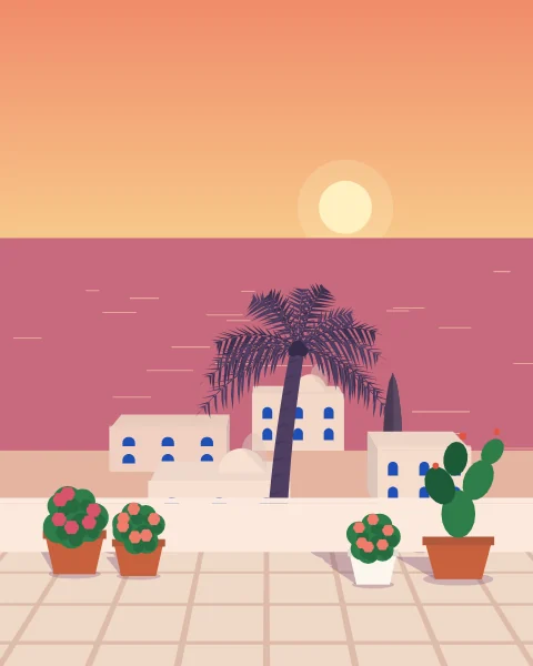 A roof terrace at dusk above white houses and small domes, pots of geraniums and the sea turning pink.