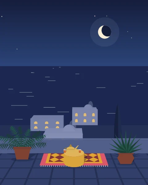 A roof terrace at night over a sleeping town, lit windows below and a crescent moon over the water.