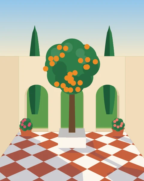 A sand-coloured courtyard with one orange tree at its centre and the long shadow of the wall across the tiles.