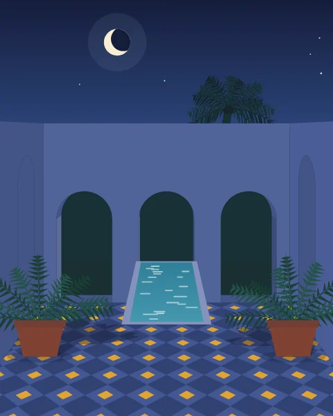 A courtyard at night, a long pool of dark water between the arcades, potted palms at its sides and a palm under the crescent moon.