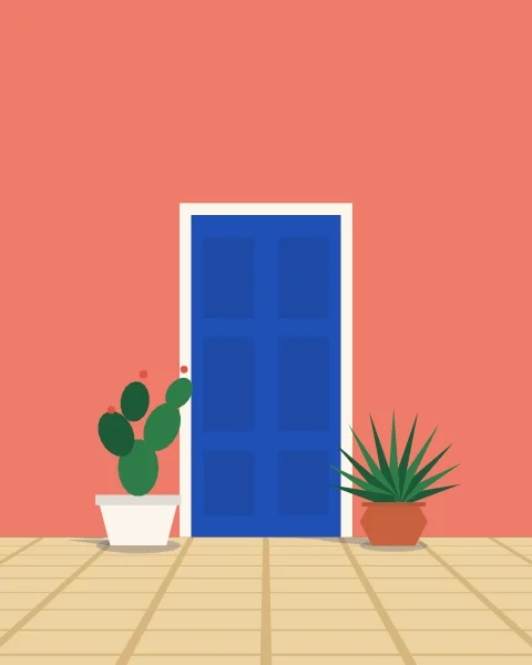 A coral wall at midday with a cobalt door in a white frame and pots of prickly pear and agave casting short shadows.