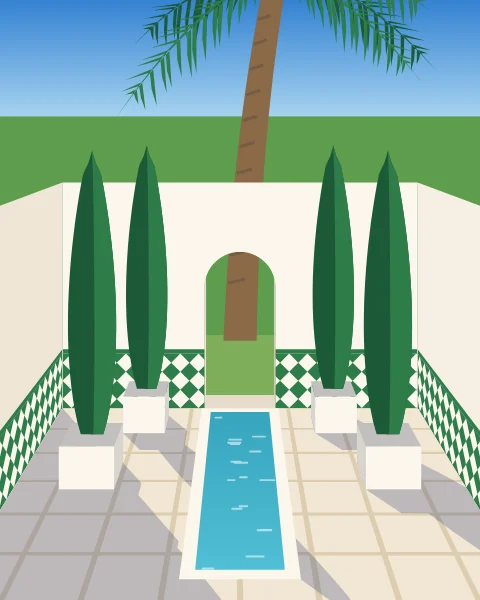 A white courtyard with a long, narrow pool running to an arch, flanked by cypresses in square planters.