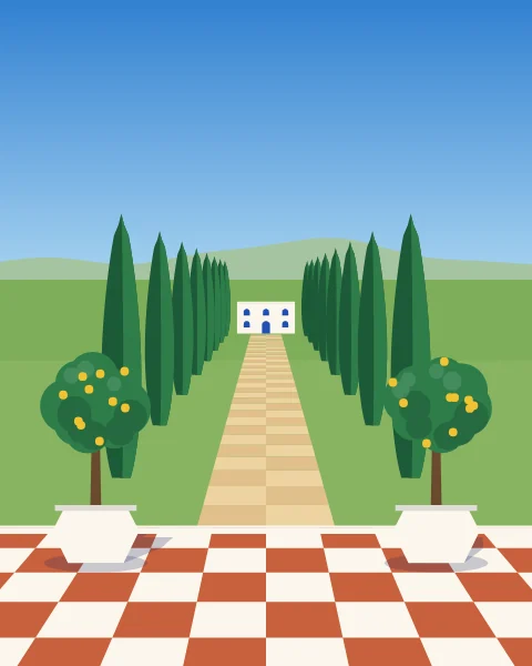 A tiled path running between two rows of cypresses to a white house, lemon trees in pots on either side.