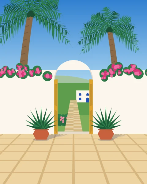A white garden wall with an ochre gate standing open, bougainvillea over the top and palms in the garden beyond.