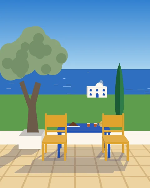 A terrace table in the shade of an old olive tree, dates and tea set out, the sea bright beyond the wall.