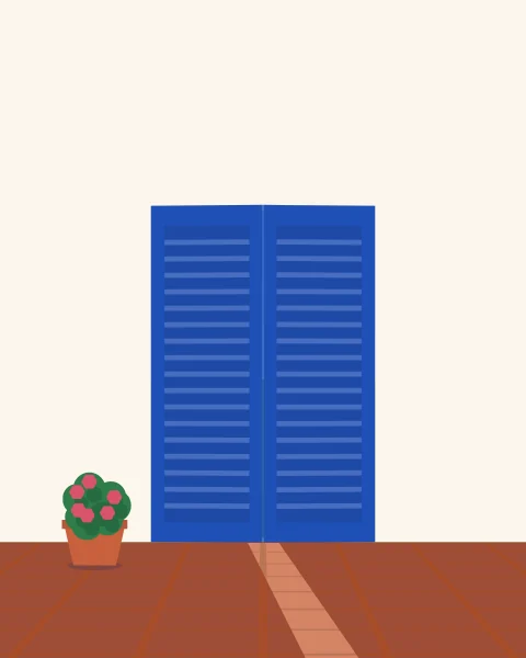 Tall cobalt shutters almost closed against the midday sun in a white wall, a thin blade of light on the floor.