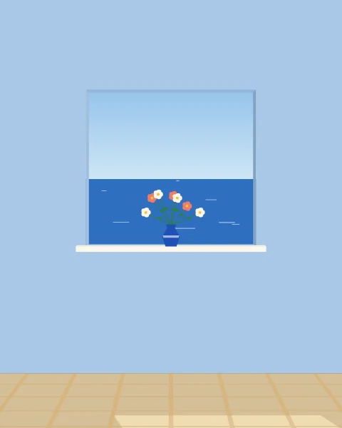A wide window in a pale blue wall holding nothing but the sea and the sky, a cobalt vase of flowers on the sill.