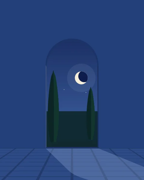 A tall arch in a night-blue wall framing a crescent moon above two cypresses, moonlight laid across the floor.