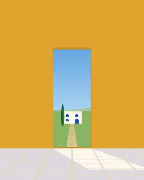 A tall doorway in an ochre wall framing a distant white house at the end of a garden path.