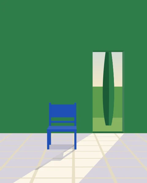 A single cobalt chair standing in a long patch of morning sun on a white floor, a cypress in the doorway.