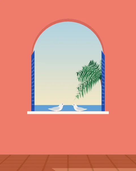 Two white doves on the sill of an arched window, cobalt shutters folded back on the sea and a palm.