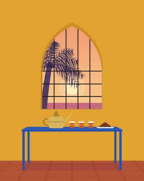 A brass teapot and glasses of tea on a cobalt table before a grilled window at dusk, the sea turning pink.