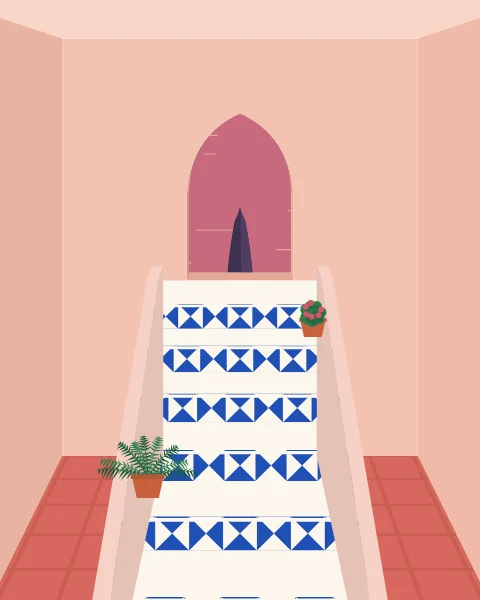 A pink stair with blue and white risers rising to a pointed window at dusk, potted plants set on the steps.