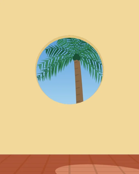 A round window in a warm yellow wall with a single palm against the blue sky and sea.
