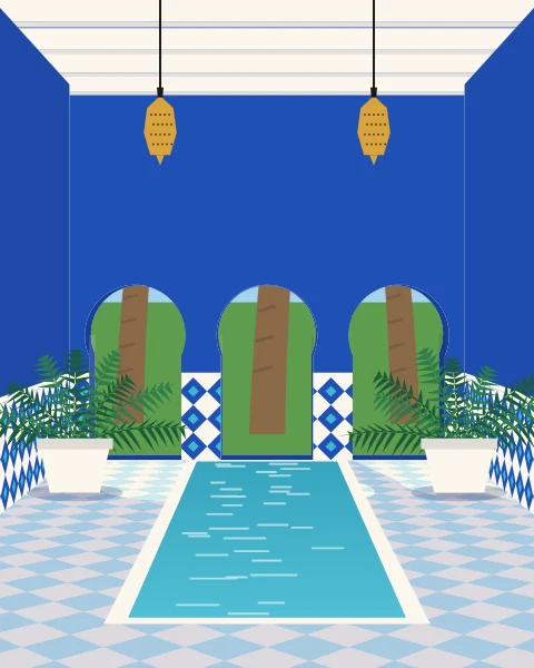 A cobalt hall of horseshoe arches with a long indoor pool, palms in the sun outside.