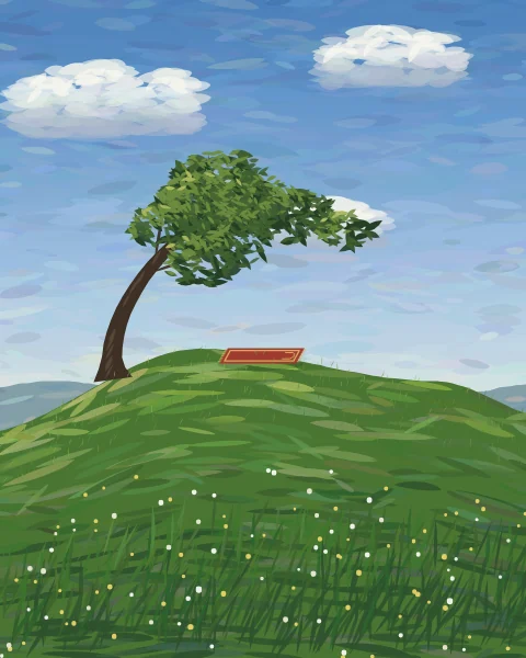 A red prayer mat lies at the top of a green hill beneath a wind-bent tree, under a wide spring sky of broken cloud.
