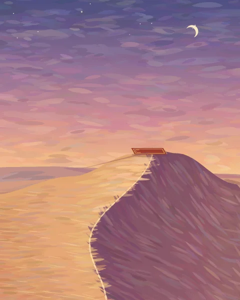 A prayer mat is laid on the crest of a great dune as the sky turns from rose to violet, a thin crescent above and the first stars appearing.