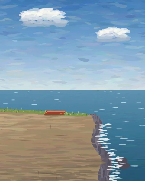 A red prayer mat lies on the grassy top of a sea rock, with the blue sea breaking white against the rock below.