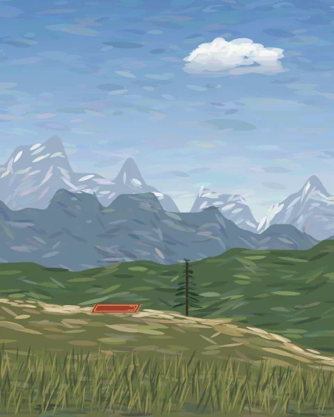 A prayer mat is laid on a level spot beside a mountain path, with ranges of blue and snow-capped peaks folding away behind.