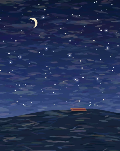 Under a deep blue sky crowded with stars and a crescent moon, a prayer mat lies on the crest of a dark hill.