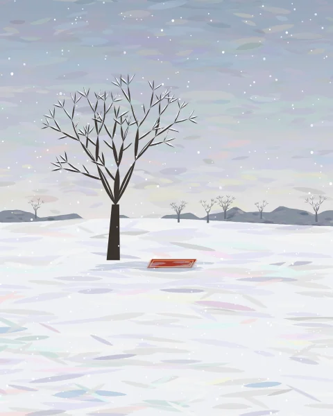 Snow falls on a white field and a bare winter tree, with a red prayer mat laid on the snow near its foot.