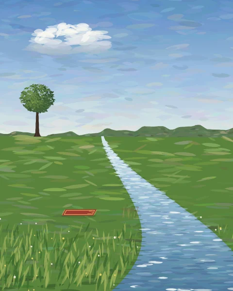 A prayer mat lies on a green bank of long grass as a wide blue river winds away towards distant hills.
