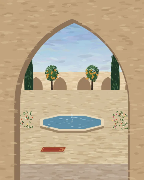 Through a pointed arch, a sunlit courtyard garden: a prayer mat on the paving, an eight-sided pool with a small jet, and orange trees and cypresses before an arcade.