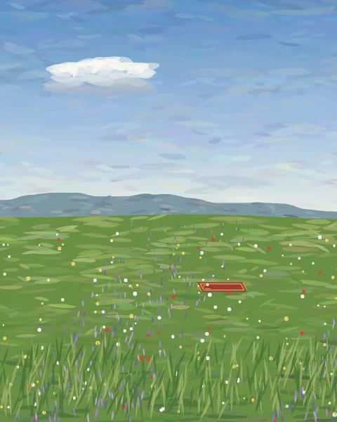 A prayer mat is laid in a summer meadow of lavender, daisies and buttercups, with blue hills and a soft cloud beyond.