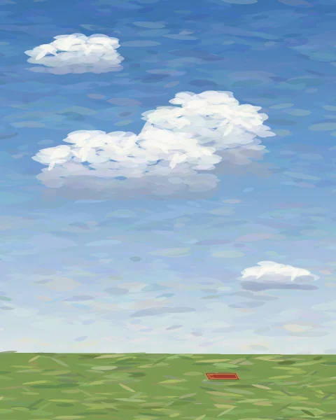 A huge blue sky of white cloud over a low green plain, where a small red prayer mat lies near the horizon.