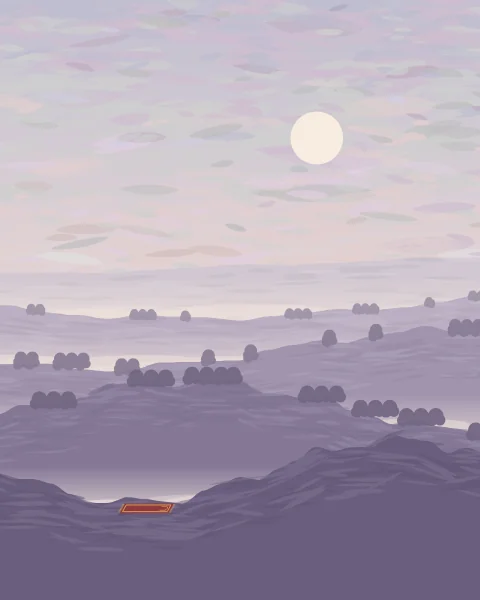 Layers of hills fade into a pale pink morning mist, with a faint sun and a prayer mat laid on the nearest rise.