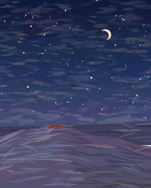 Dunes lie under a deep blue night sky full of stars and a crescent, with a prayer mat laid on the nearest crest.