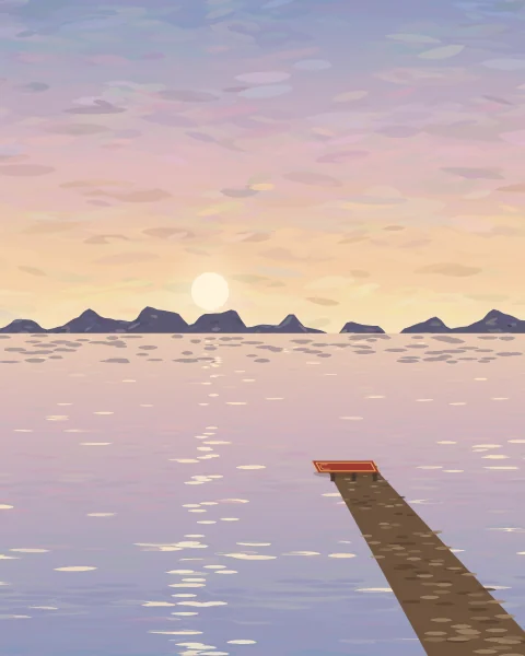 At dawn a prayer mat lies at the end of a wooden jetty, the still lake holding the rose and gold of the sky.