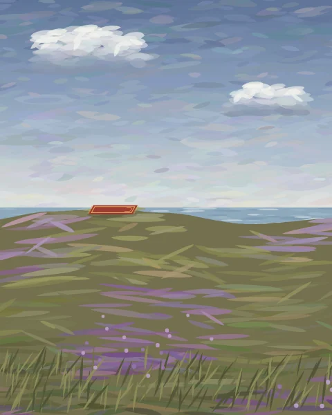 A prayer mat lies on a windswept moor of heather above a grey-blue sea, under a wide cloudy sky.