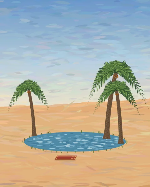 Beside a small blue pool ringed with green and date palms, a prayer mat lies in the warm sand.