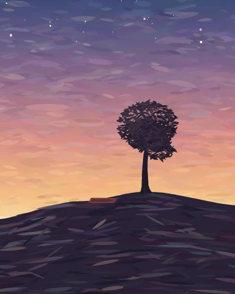 Against a rose and gold sunset, a dark hill with a single tree and a prayer mat laid beside it.