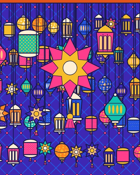 Dozens of pierced and glazed lanterns hang at different heights, with one large star lantern lit at the centre.