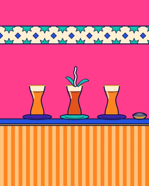 Three tulip-shaped tea glasses on a blue shelf, one with a sprig of mint, against a pink wall.