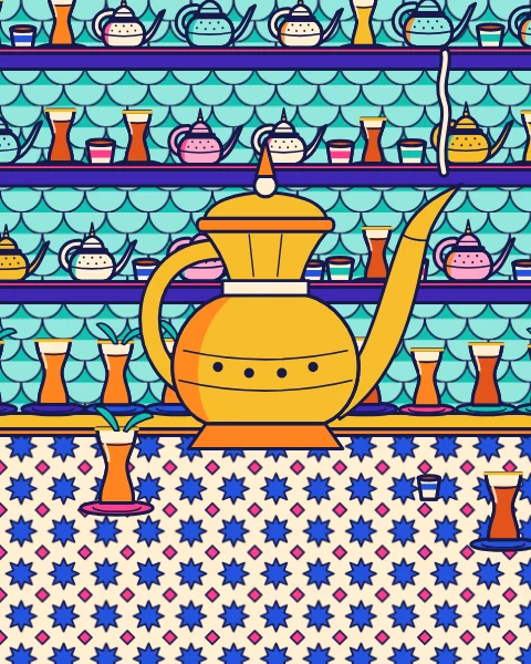 A tiled counter set with tea glasses and a brass coffee pot, in front of shelves of glasses and teapots.