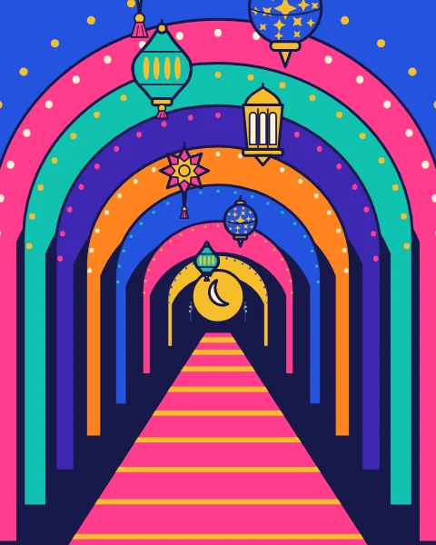 A covered souk street seen as a run of coloured arches, with lanterns hanging down the middle and a lit end under a crescent.