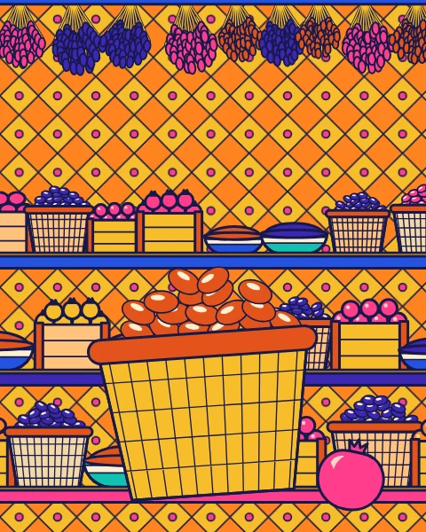 Stepped shelves of baskets, crates and bowls of dates and fruit, with bunches of dates hanging from the top.
