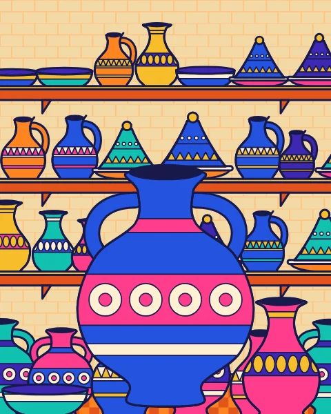 Shelves of jugs, vases, bowls and tagines, with a large banded storage jar standing in front.