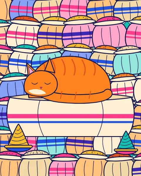 A ginger cat asleep on a sack, surrounded by stacked sacks of spice.