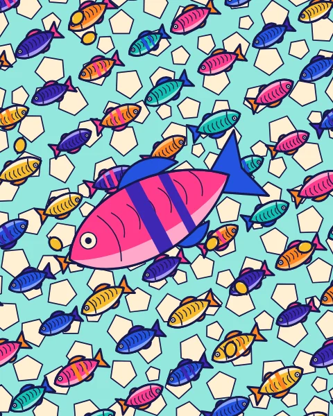 Rows of bright fish laid on crushed ice with lemons, and one large fish lying across them.