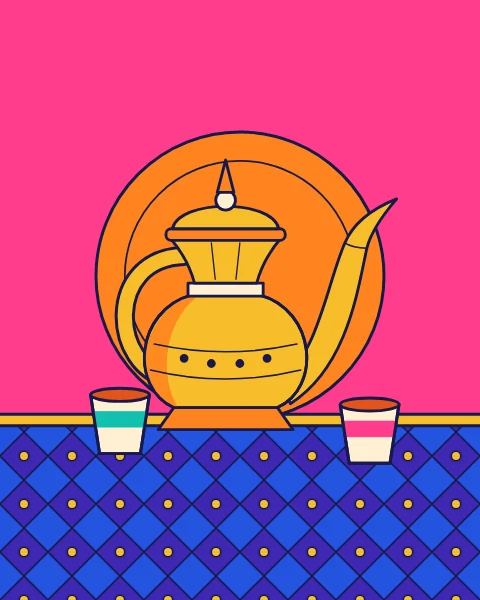 One brass coffee pot in front of an orange disc, with two small cups on a blue table.