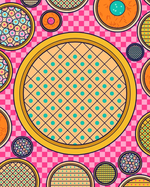 Round trays of baklava, kunafa and sweets seen from above on a pink check, with one large tray at the centre.