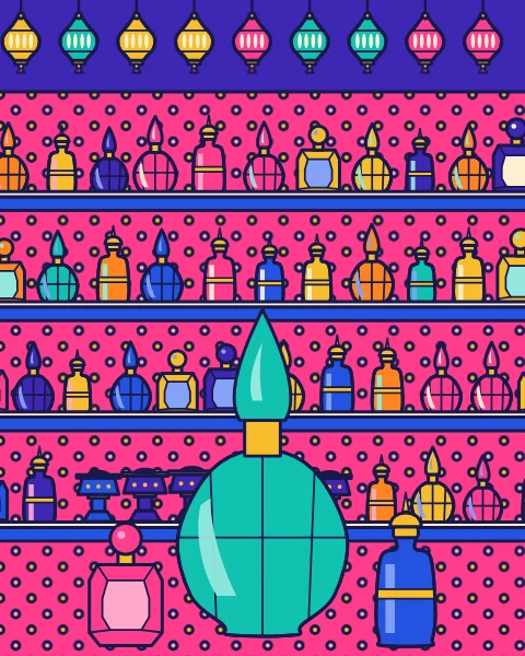 Mirrored shelves of small perfume bottles under a row of lamps, with three large bottles at the front.