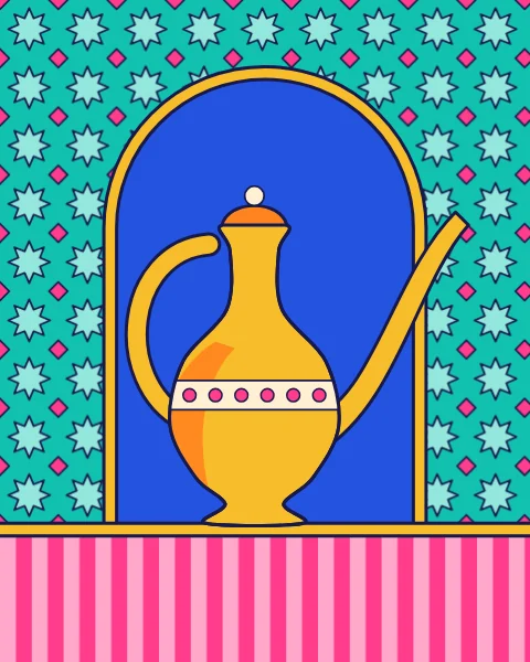 One brass ewer with a long spout stands in a blue arched niche against a star-tiled wall.