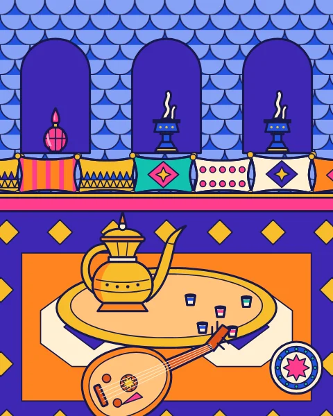 A sitting room with floor cushions under arched niches, a tray of coffee cups and a coffee pot, and an oud on the carpet.